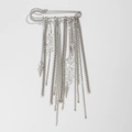 Detail of silver safety pin brooch with long metallic tassels and crystal stone charms - Silver Large Pin Long Tassel Stone Style (0902)
