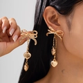 Golden bowknot earrings with heart pendants and bead chains on model show - Gold (3520)