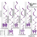 Pack de 6 colgantes espirales de lazos morados con purpurina y medidas detalladas - Estilo de Lazo Púrpura / Colgante en espiral