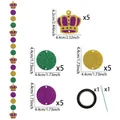 Detailed size chart of Mardi Gras party banner showing dimensions of crowns and glitter discs - Purple Gold Green Crown & Circle Style