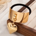 Elegant gold heart pendant hair tie with high-polish metallic finish and black elastic band - Wide Cuff Heart Pendant Gold (0091)