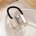 Black elastic hair tie with silver geometric buckle and large baroque pearl pendant - Wide Curved Cuff Pearl Silver (0094)