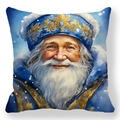 Detailaufnahme des blauen Weihnachtskissenbezugs mit künstlerischem Weihnachtsmann-Motiv - Blau und Gold Weihnachtsmann-Stil (Stil-3)