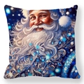 Détail de l'illustration du Père Noël sur la housse de coussin festive bleue en velours - Style Père Noël Étoilé Bleu Glacé (Style-7)