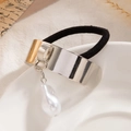 Elegant black hair tie with silver metal buckle and white baroque pearl pendant charm - Narrow Curved Cuff Pearl Silver (0094)