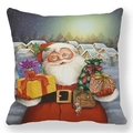 Detailed close-up of Santa Claus illustration on peach skin fabric Christmas pillowcase - Santa with Gift Box Snow Scene (款式-1) / 18x18 Inch