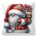 Detailed view of Christmas Gnome print on peach skin pillowcase with vibrant festive colors - Christmas Gnome with Red Hat and Berries (款式-2) / 18x18 Inch