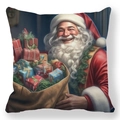 Front view of square Christmas pillowcase with detailed Santa Claus and gift bag print - Santa Holding Colorful Gift Bag (款式-3) / 18x18 Inch