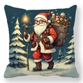 Detail of Christmas peach skin pillowcase with Santa Claus walking in snowy forest print - Santa in Snow Forest with Staff (款式-4) / 18x18 Inch