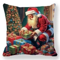 Detail of Christmas peach skin pillowcase featuring Santa Claus opening gifts by a tree - Santa Claus Opening Gifts Beside Tree (Style 5) / 18x18 Inch