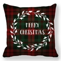 Detail of red and green tartan Christmas pillowcase with Merry Christmas wreath print - Red Black Green Plaid Christmas Wreath