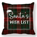Close-up of red and green plaid Christmas pillow cover featuring Santa's Wish List text - Red Green Plaid Santa Wish List