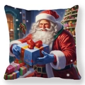 Christmas peach skin pillowcase featuring a cartoon Santa Claus and gift box design - Santa Claus with Blue Gift Box (Style 9) / 18x18 Inch