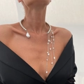 Asymmetric silver necklace with baroque pearl and elegant tassel details - Silver Tone (7197)
