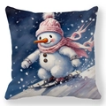 Detailed view of Christmas snowman print on soft peach skin fabric square pillow cover - Skiing Snowman with Pink Hat (Style 5)