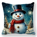 Detailed view of square Christmas pillowcase featuring a cute snowman in a snowy forest - Snowman Wearing Top Hat (Style 7)