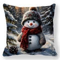 Close-up of Christmas snowman print on peach skin fabric pillowcase for sofa decor - Snowy Forest Snowman (Style 8)