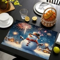 Christmas placemat with snowman and fireworks design on dark wooden dining table - Fireworks Snowman & Cabin Style (款式-4)