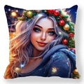 Gros plan d'une taie d'oreiller montrant le portrait d'une femme en art numérique - 45x45cm / Portrait de Femme Exquise avec Coiffe de Noël (5)