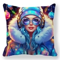 Détail de l'imprimé artistique de Noël sur taie d'oreiller en peau de pêche aux couleurs vives - 45x45cm / Femme de Style Sci-fi avec Lunettes Bleues (7)