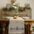 Linen Christmas table runner with golden snowflakes and reindeer on dark wood table - Nordic Reindeer and Pine Forest (Pattern 1)