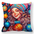 Détail de la housse de coussin peau de pêche avec illustration de fille de Noël - 45x45cm / Fille Souriante avec Bonnet d'Hiver et Boules de Noël (8)