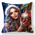 Détail de la taie d'oreiller de Noël avec une peinture à l'huile numérique d'une jeune fille - 45x45cm / Femme avec Bonnet de Noël Exquis Tenant une Boule (9)