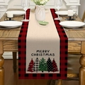 Detailed texture of Christmas table runner with red buffalo plaid and holiday trees - Merry Christmas and Trees (Pattern 4)