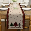 Detail of Christmas linen table runner with red plaid edges and Merry Christmas tree - Linen Texture Patchwork Merry Christmas (Pattern 7)