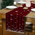 Close-up of red and black buffalo plaid Christmas table runner with white snowflakes - Red Black Plaid with Snowflake Border (Pattern 8)