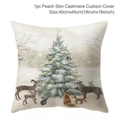 Christmas cushion cover featuring festive forest animals and a tree on peach skin fabric - Style-31 (Winter Forest Animals)