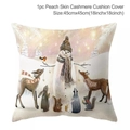 Macro detail of Christmas peach skin pillow cover showing winter animal illustration and 45x45cm size - Style-34 (Winter Animals and Snowman)