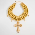Luxurious multi-layer gold beaded necklace with rhinestone encrusted cross pendants - Gold