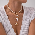 Three-layer gold necklace set with baroque pearls and a seashell pendant for summer beach style - Gold (06215)