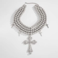 Multi-layer silver bead chain necklace featuring a rhinestone-encrusted cross pendant - Silver