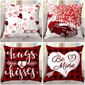 Vierer-Set Valentinstag Kissenbezüge mit Herzen, Karomuster und rotem Retro-Truck Design - Superweicher Kurzplüsch / Zwerg Karo Stil (3)