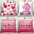 Detail view of four Valentine's Day pillow covers with heart prints and romantic quotes - Pink Truck Gradient Style (8)