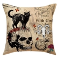 Vintage style square pillowcase with black cat skull and rose print on beige fabric - Black Cat Skeleton Pattern (23YM52-1) / 45x45cm (1 Piece)