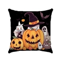 Detalle de funda de cojín de Halloween con fantasmas y calabazas en lino negro pro - Diseño de Calabaza y Fantasma con Fondo Negro (Estilo-1) / 45*45mm