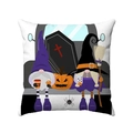 Detail van Halloween kussenhoes met kabouter en pompoen print op linnen materiaal - Twee Gnomen met Doodskist en Pompoen (Stijl-7) / 45*45mm