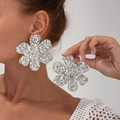 Detail of silver oversized flower stud earring with textured hammered metal finish - 3621 Large Flower / Gold