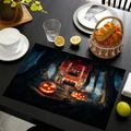 Linen Halloween placemat featuring a spooky haunted house and glowing pumpkins design - Dark Forest Ancient House Style (8) / 30x45