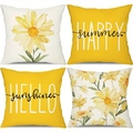 Close-up of four linen sunflower pillow covers with Happy Summer and Hello Sunshine text - Sunflower And Letter Pattern Combination