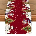 Christmas linen table runner featuring Santa, snowman and festive tree on wood - Cartoon Snowman and Santa Red White (Pattern 10)
