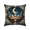 Detail of luxury square pillow cover with golden crescent moon and mosque pattern - Blue Gold Vintage Arabesque Mosque (Style-10)