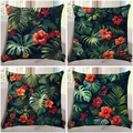 Set mit vier tropischen Kissenbezügen mit Monstera-Blättern und roten Hibiskusblüten - Leinen / Tropisches Grün Hibiskus Stil (4)
