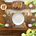 Linen placemat with cute fox print on dark wood table with a white ceramic plate - Puppy Ear Illustration Style (8)
