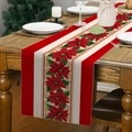 Linen Christmas table runner with festive red poinsettia floral patterns on a wooden table - Red Christmas Poinsettia Pattern (Style 28)