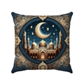 Deep blue festive square pillow cover featuring golden mosque and crescent moon patterns - Blue Gold Vintage Arabesque Mosque (Style-10)