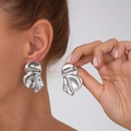 Silver molten liquid metal floral earrings with irregular ruffled wave design - 3593 Wrinkled Flower / Silver